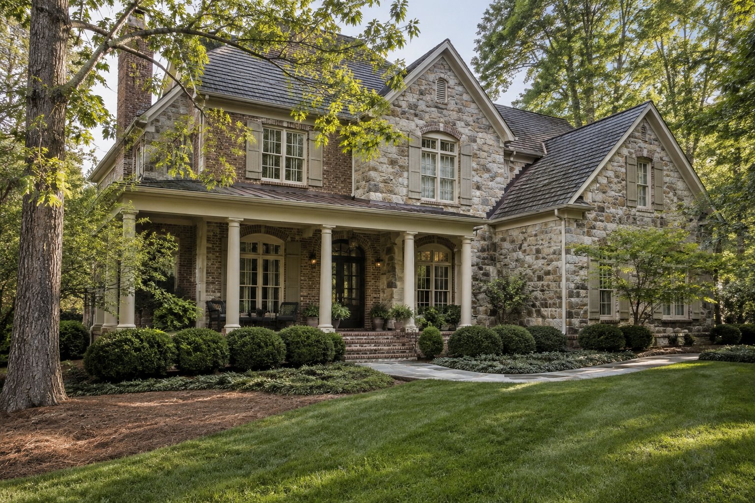 A Maryland home with palms and a covered entry, illustrative