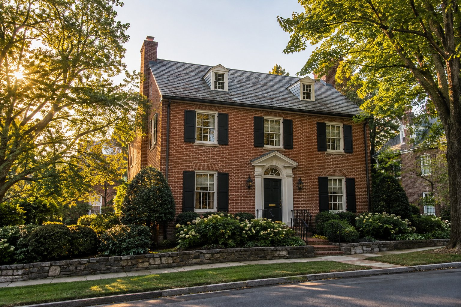 A brick colonial home on a quiet Baltimore area street, illustrative