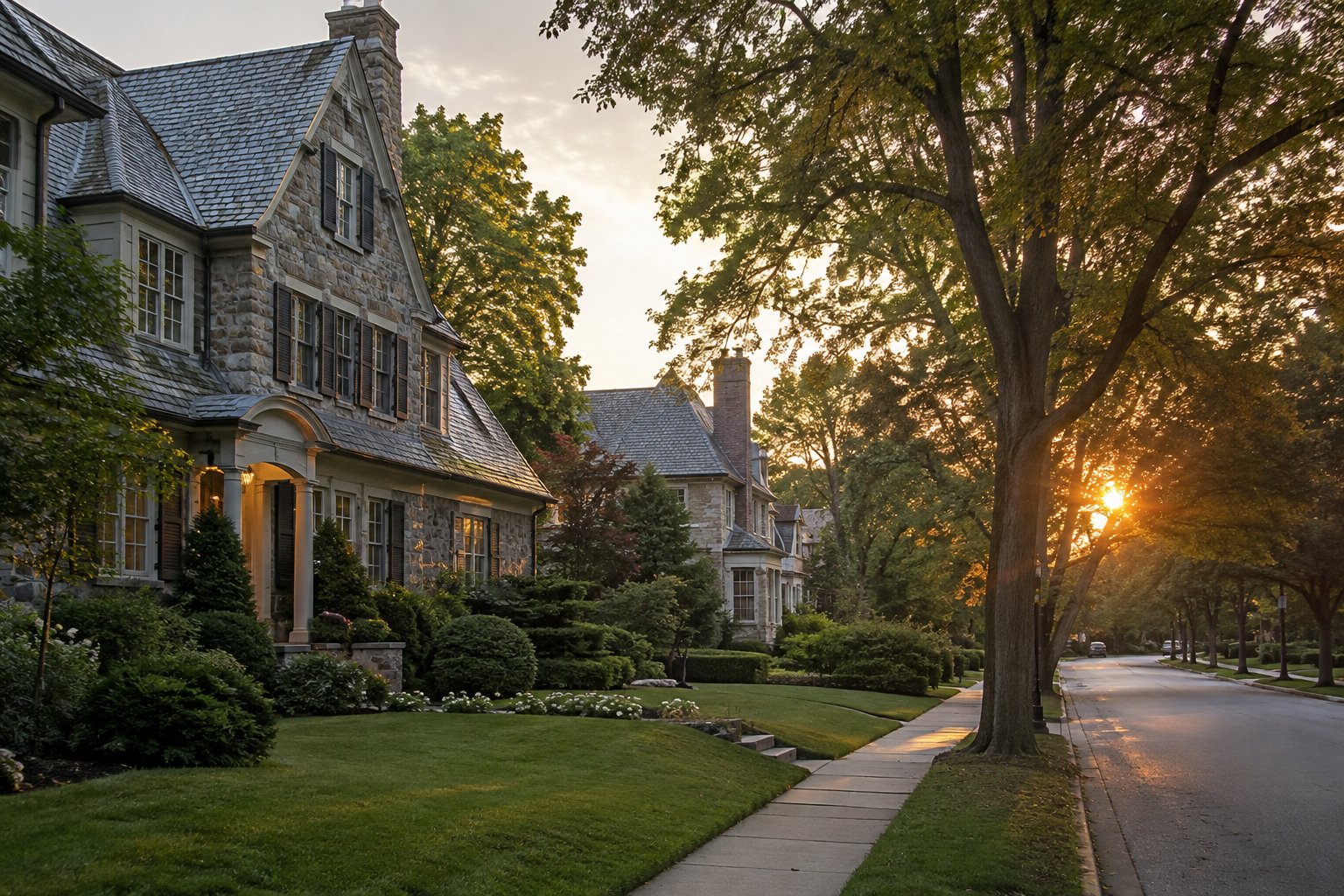 A tree lined residential street at sunset in Maryland, illustrative