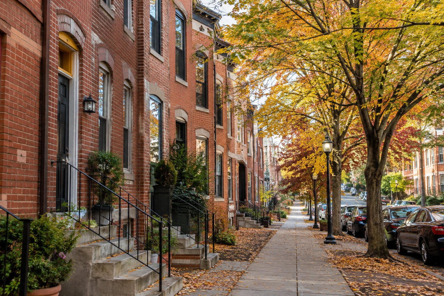 Homes along a tree lined Maryland street, illustrative