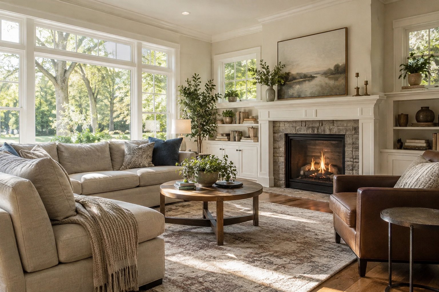 A cozy sunlit Maryland family room, illustrative